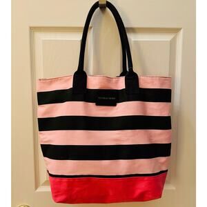 Victoria's Secret Pink Black Striped Large Canvas Gym Overnight Travel Tote Bag